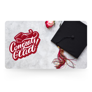 Graduation gift card with a black mortarboard cap, tassel, and "Congrats Grad!" calligraphy on a marble background.