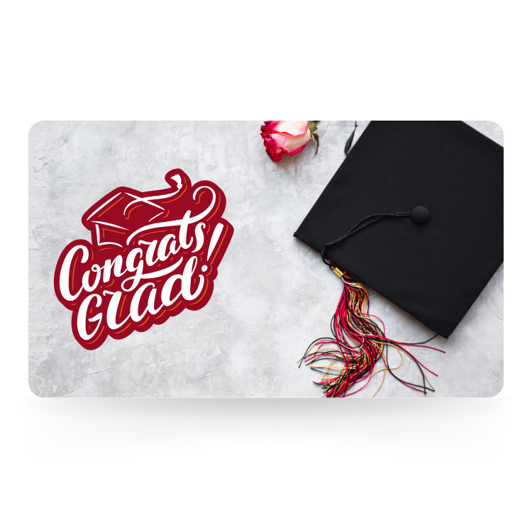 Graduation gift card with a black mortarboard cap, tassel, and "Congrats Grad!" calligraphy on a marble background.