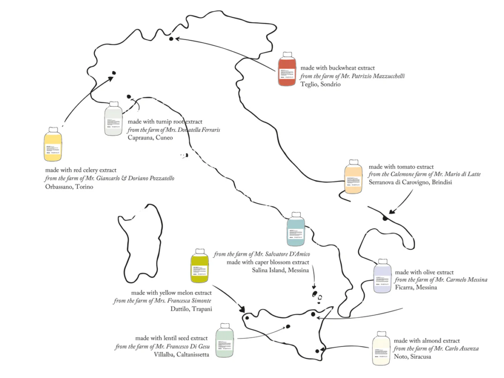 An illustrated map of Italy showing the regional farm origins of active ingredients used in Davines Essential Haircare products.