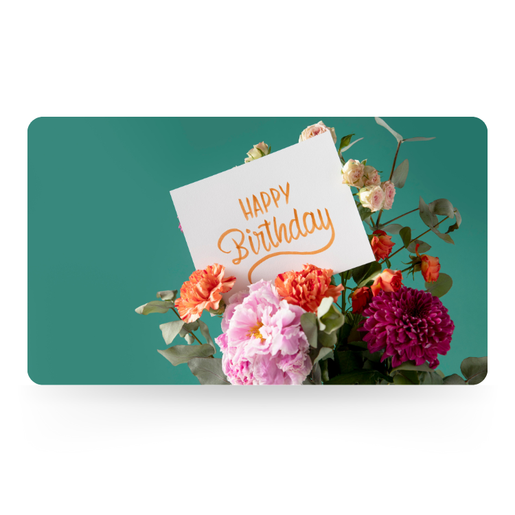 Birthday gift card featuring a colorful bouquet of roses and carnations with a "Happy Birthday" card on a teal background.