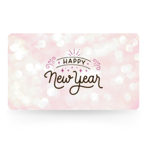"Happy New Year" gift card with elegant dark script and pink stars over a soft, sparkling pink bokeh background.