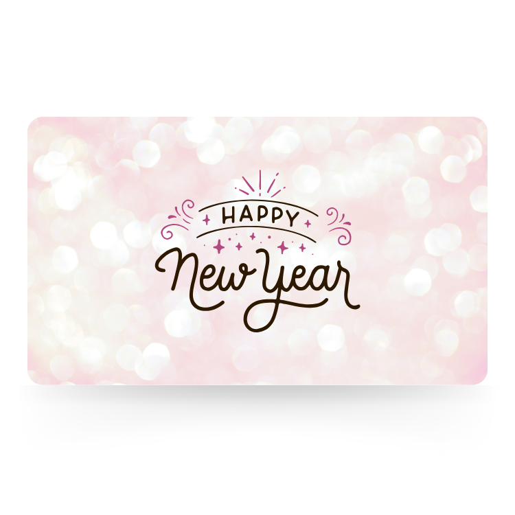 "Happy New Year" gift card with elegant dark script and pink stars over a soft, sparkling pink bokeh background.