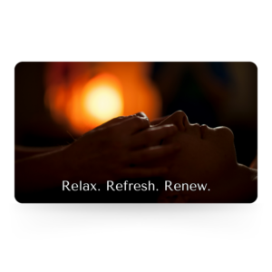 Japanese Head Spa gift card showing a person receiving a relaxing scalp massage with the text "Relax. Refresh. Renew."
