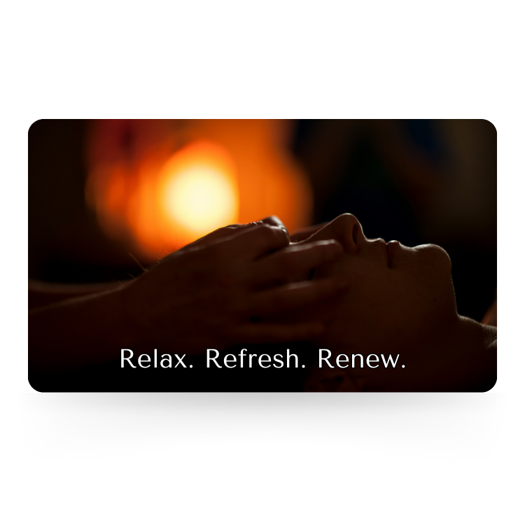 Japanese Head Spa gift card showing a person receiving a relaxing scalp massage with the text "Relax. Refresh. Renew."