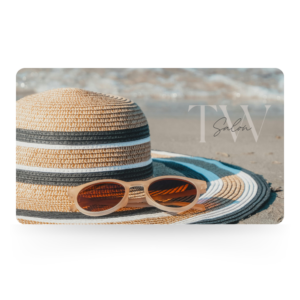 Summer-themed gift card for TW Salon featuring a sun hat and sunglasses on a beach.