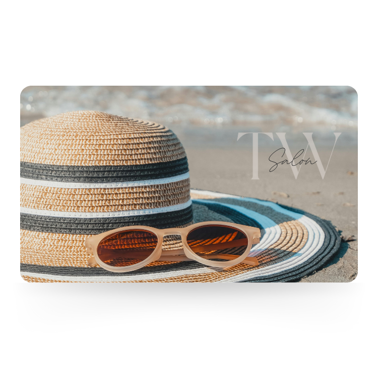 Summer-themed gift card for TW Salon featuring a sun hat and sunglasses on a beach.