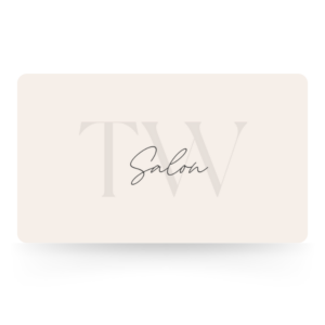 Cream-colored TW Salon gift card with a subtle "TW" logo and "Salon" in dark gray cursive script.