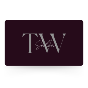 Dark purple TW Salon gift card featuring a minimalist silver "TW" logo with "Salon" written in elegant white script.