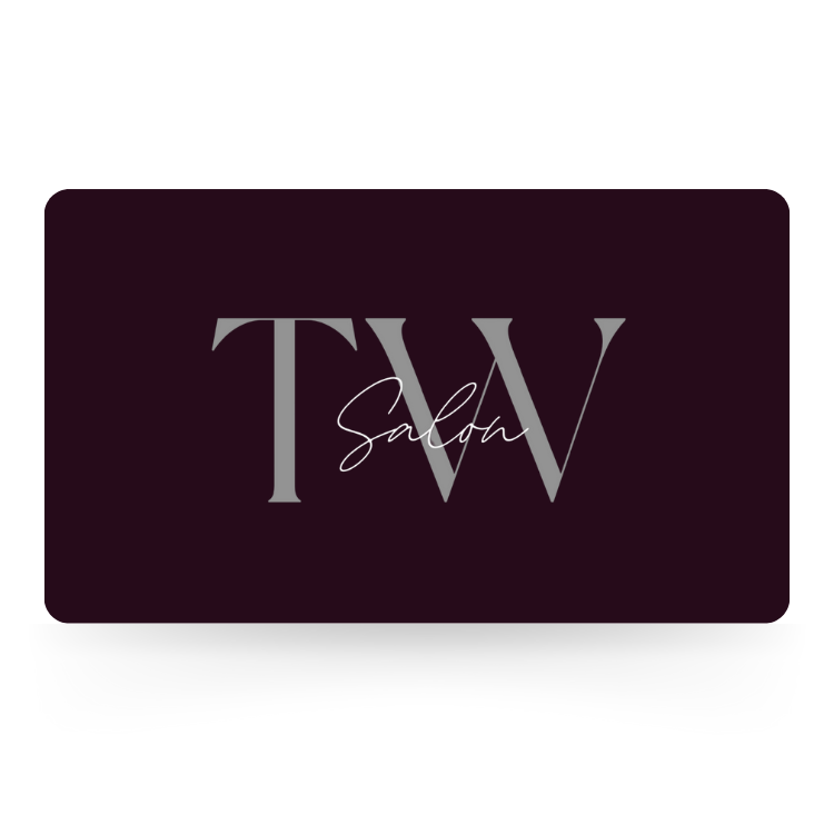 Dark purple TW Salon gift card featuring a minimalist silver "TW" logo with "Salon" written in elegant white script.